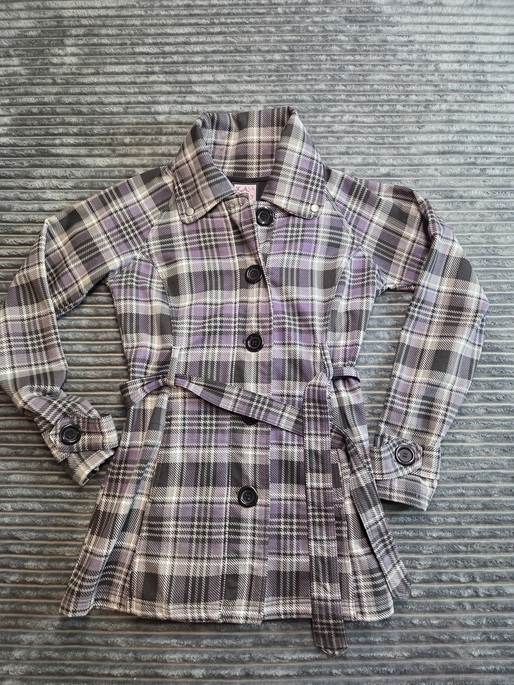 Plaid Belted Pea Coat - Purple & Gray